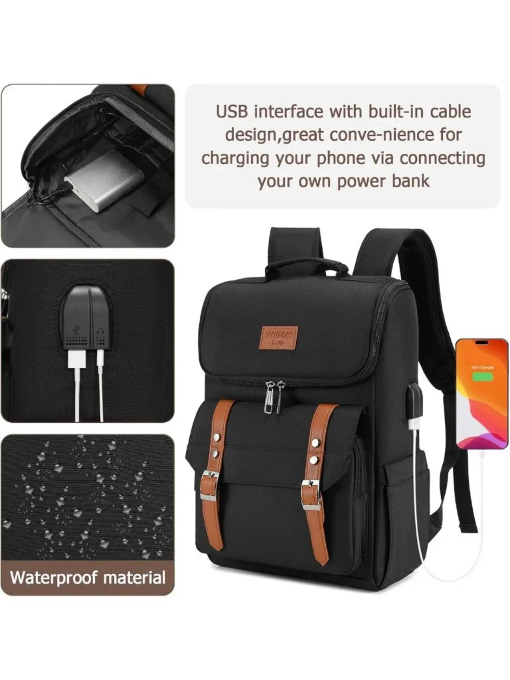 Vintage Laptop Backpack with USB Charging Port for Travel, College, Fits 15.6